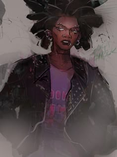 a drawing of a woman with black hair and piercings on her ears, wearing a leather jacket