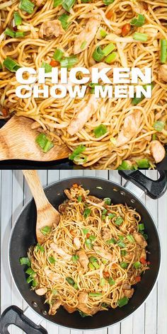 chicken chow mein in a skillet with chopsticks on the side and text overlay