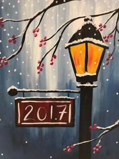 a painting of a lamp post and street sign with snow falling on it, in the winter