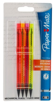 three different colored pens in packaging with writing on the inside and outside of each pen