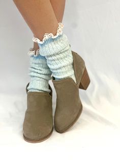 MARLED cotton short lace boot socks - Carolina blue  A must-have for any short boot owner, our Carolina blue marled cotton short lace boot socks provide a soft texture and complement a variety of shoe and boot options. Made with premium cotton marled yarn, these socks are both comfortable and stylish. made in america sock is 8'" from heel to toe cotton blend sock 1/2" cotton scallop lace one size fits most women 6-9 cozy and comfortable rib knit design ** Signature socks by Catherine Cole Women Short Boot Socks, Grace And Lace Boot Socks, Women's Velvet Socks, Hippyfeet Socks, Sock Heels Knitting, Stone Knits Socks, Women's Fall Fashion, Lace Boot Socks, Slouch Socks