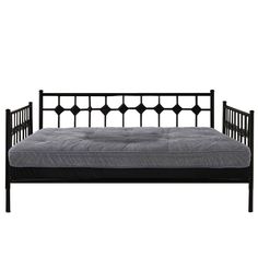 a black bed frame with a mattress underneath it