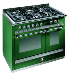 a green stove top oven with two burners and one door on the front side