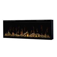 an electric fireplace with flames and logs in the middle on a white background, it is illuminated