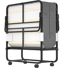 a bed frame with two mattresses attached to the side and wheels on each side