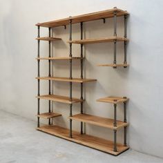 the shelves are made out of wood and metal