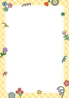 a yellow and white checkered background with an empty square in the center, surrounded by flowers