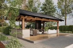 a covered patio with furniture and trees in the background