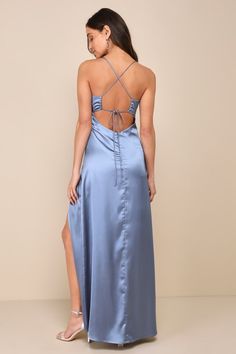 Vintage A Line Prom Dresses, Prom Dress For Broad Shoulders, Backless Blue Dress, Dresses For Broad Shoulders, Dusty Blue Dresses, Prom Dresses Silk, Lace Silk Dress, Slate Blue Dresses, Maxi Dress Satin