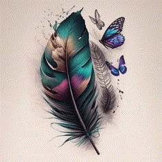 a colorful feather and some butterflies on a white background with watercolor effect in the foreground