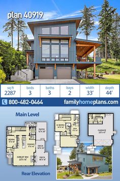 the floor plan for this modern home is shown in blue and white, with three levels to