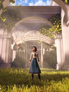 an animated woman standing in front of a building with arches and ivys on it