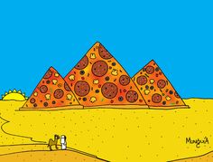 an image of three pyramids in the desert with pizza toppings on them and one man standing next to it