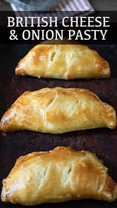 two croissants sitting on top of a baking pan with the words british cheese and onion pastry