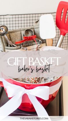 gift basket with utensils and baking supplies in red bowl on serving platter