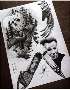 a drawing of a person holding a knife next to two images of a man with a mask on