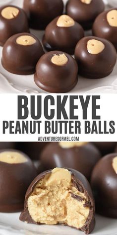 chocolate covered peanut butter balls on a white plate with the words, buckeye peanut butter balls