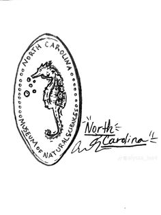 a black and white drawing of a sea horse in a oval frame with the words north carolina on it