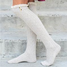 Gray Speckled Cable Knit Knee High Socks With Lace Trim And Button Accents. So Cute Perfect For Fall + Winter Boot Season! New In Packaging. New With Tags One Size Casual Gray Knitted Socks, Casual Beige Knitted Socks, Casual White Cable Knit Socks, Socks With Lace, Knit Lace, Knee Socks, Knee High Socks, Lace Knitting, Christmas Wishlist