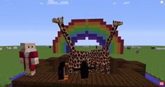 a giraffe standing on top of a wooden platform in front of a rainbow