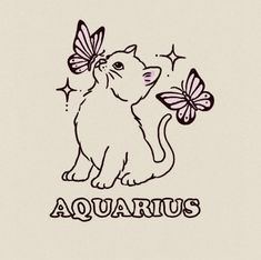 a drawing of a cat with a butterfly on it's head and the word aquarius written below