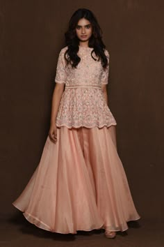 Shop for these amazing collections of Pink Organza Embroidery Round Peplum Kurta And Gharara Set For Women by Vara by Vibha n Priti online at Aza Fashions. Long Blouse Designs, Sharara Pants, Long Gown Design, Gaun Fashion, Indian Gowns Dresses, Fancy Dresses Long, Dress Design Patterns, Elegant Maxi Dress