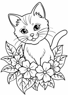 a cat sitting on top of a flower with leaves and flowers around its neck, in black and white