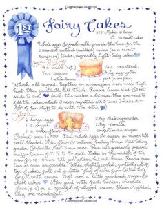 a recipe for fairy cakes is shown in blue and white with a ribbon around it