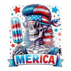 a skeleton holding an ice cream cone with the american flag on it's head