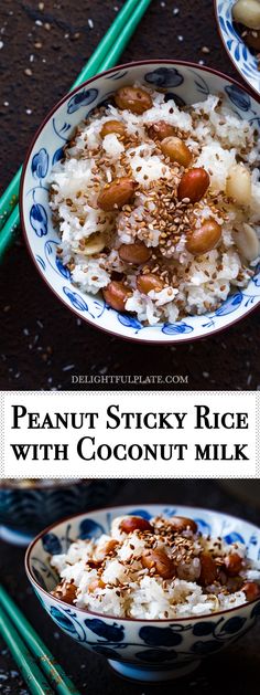 two bowls filled with rice and nuts next to chopsticks