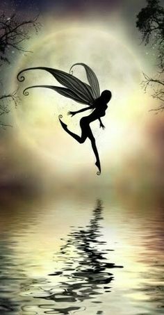 a fairy is flying over the water at night