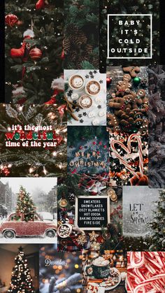 christmas collage with many different pictures and words on it's side, including the word