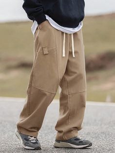 Khaki Street Collar  Woven Fabric Plain Wide Leg Embellished Non-Stretch  Men Clothing Baggy Clothes Men, Cargo Pants Outfit Men, Pants Outfit Men, Baggy Sweatpants, Cargo Pants Outfit, Baggy Clothes, Men Trousers, Men Pants