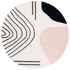 a circular rug with black, pink and white shapes in the center on a white background