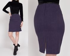 Vintage 90s high waisted purple mini pencil skirt, with faux black leather trim at the waistline. Measurements and Condition:    Fits like: Women's small Fabric: Feels like a polyester blend with faux leather trim Brand: Unknown, the tag was cut out by a previous owner Condition: Very good, with a couple tiny snags on the lower back.   Length: 20.25" Waist: 26" Hips: 36" - taken at the bottom of the zipper opening Shown on a 5'9" model with measurements of 33"-24"-37", usually wears size XS to s Mini Pencil Skirt, Womens Skirts, Leather Trim, Lower Back, Leather Trims, Favorite Outfit, Pencil Skirt, Vintage 90s, Mini Skirt