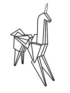 a black and white drawing of an origami horse with its head turned to the side