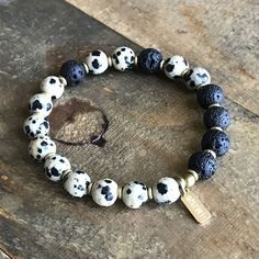 Dalmatian Jasper and Lava Stone Essential Oil Diffuser Bracelet Horn Pendant Necklace, Essential Oil Bracelet, Aromatherapy Bracelet, Lava Stone Bracelet, Oil Diffuser Bracelet, Essential Oil Diffuser Bracelet, Diffuser Jewelry, Dalmatian Jasper, Diffuser Bracelets