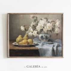 a painting of white flowers and pears on a table in front of a plate