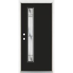 a black door with two glass panels on the bottom and side panel, in front of a