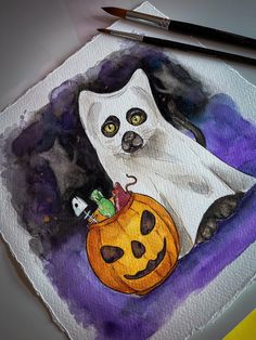 a watercolor painting of a ghost and a cat with a pumpkin in its mouth