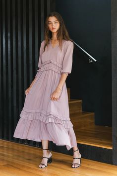 Willa Sleeved Ruffle Dress in Lavender – Groovy Mimi Mauve Outfit, Pioneer Trek, Family Dress, Neutral Dress, Bridesmaid Ideas, Lavender Dress, Bridesmaid Inspiration, Purple Maxi Dress, Perfect Summer Outfit