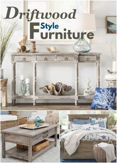 Driftwood Style Furniture Ideas | Driftwood Gray Finish | Distressed Look | Coastal Design Rustic Coastal Furniture, Gray Wash Furniture, Washed Furniture, Recycled Wood Furniture, Coastal Interior Design, Coastal Farmhouse Style, Driftwood Furniture, Beach Furniture, Coastal Interior