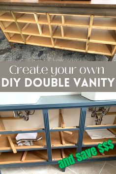 how to build a DIY double vanity while saving money Diy Bathroom Vanity Double Sink, Diy 72 Inch Bathroom Vanity, Painted Double Vanity, Diy Bathroom Sink Cabinet How To Build, Double Vanity Diy, Dresser Sink Vanity Diy, Diy Bathroom Vanity Plans How To Build, Diy Double Vanity Bathroom, Refurbished Vanity Ideas