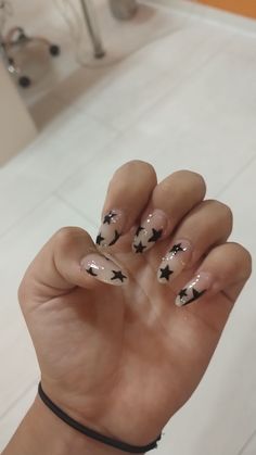 acrylic nails Half Star Nails, Black And White Star Acrylic Nails, Rock Star Gf Nails, Short Black Nails With Stars, Clear Nails With Stars, Clear Star Nails, Star Nails Coffin, Nails W Stars, Star Themed Nails