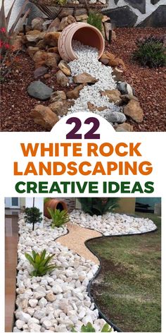 some rocks and plants with the words 22 white rock landscaping creative ideas on it's side