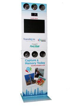 a white and blue display case with pictures on the front for a travel appliance