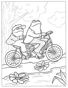 two bears riding on a bicycle in the woods coloring page for kids with flowers and butterflies