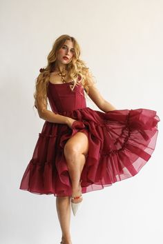 The Siena Dress in Scarlet Red Main Character Dress, Dark Cherry Red, Corset Skirt, Tier Dress, Corsets And Bustiers, Three Tier, Bustier Dress, Reception Dress, Feminine Dress