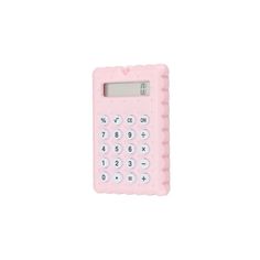 a pink calculator with numbers on the front and back side, sitting against a white background