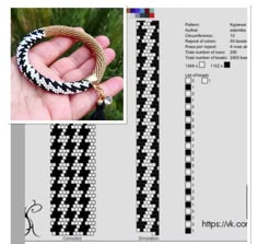 a hand holding a bracelet with black and white squares on the front, and an image of